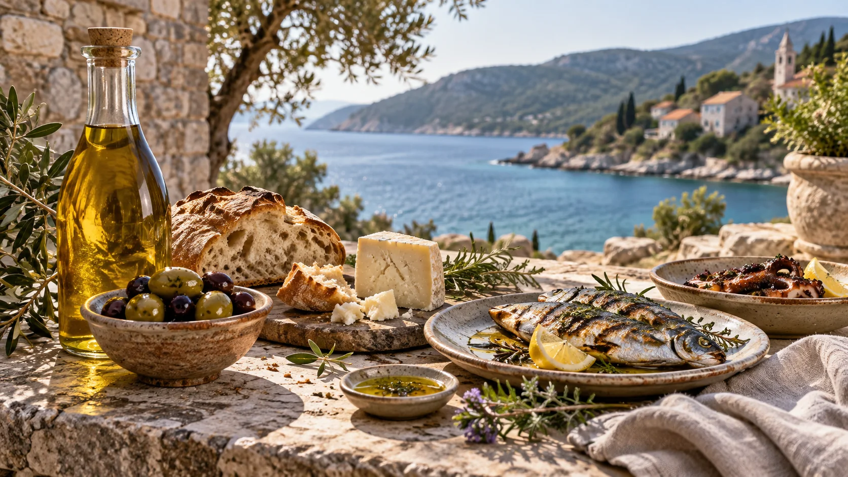Editorial illustration inspired by local Cres olive oil, fish, olives and cheese by the sea