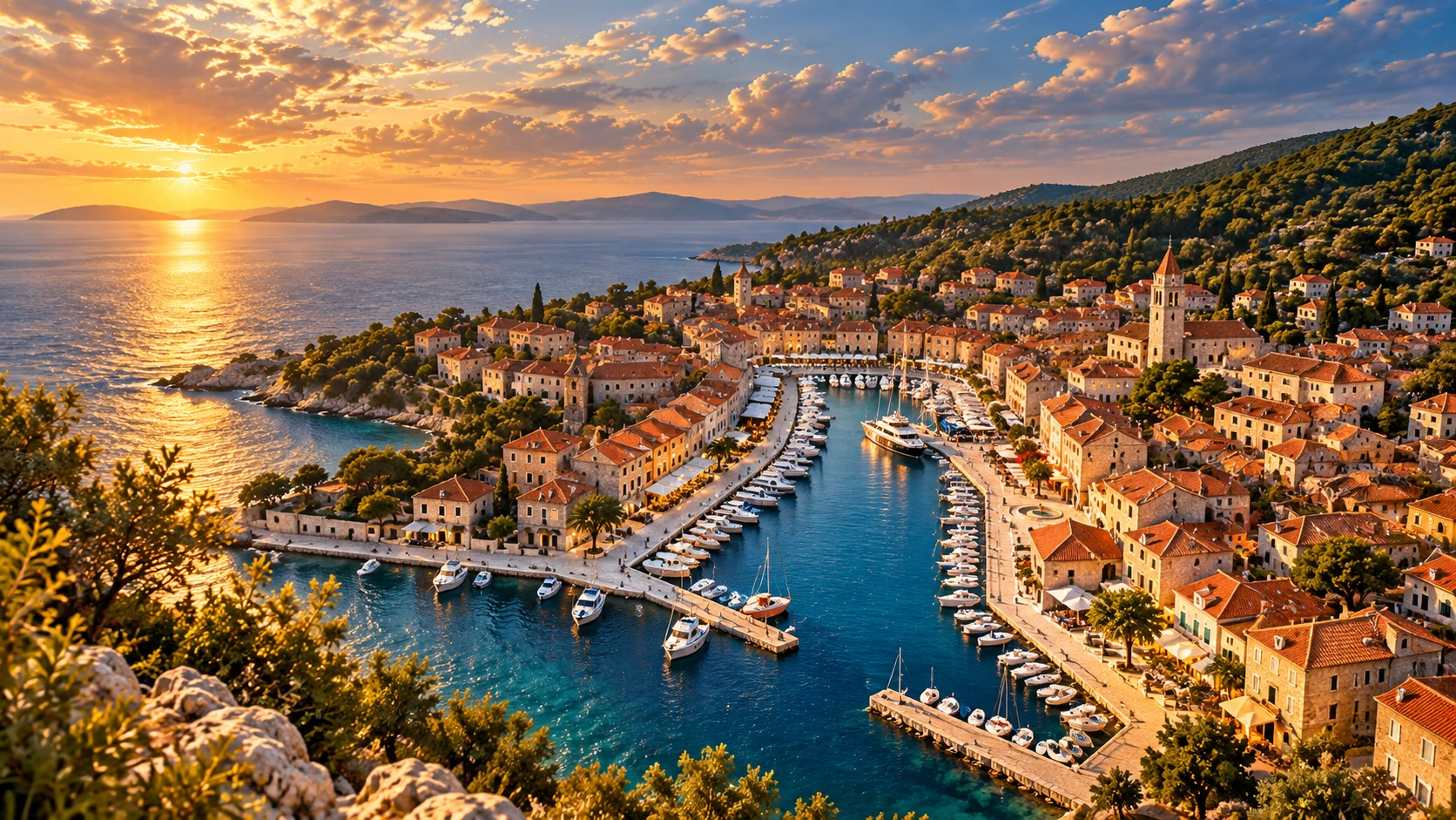 Editorial illustration inspired by cres town waterfront and harbour